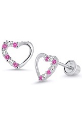 lovely pink open heart cz sterling silver baby earrings